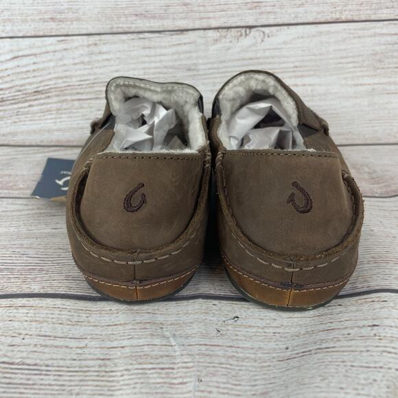 OluKai Moloā Mens Sz 8 Slippers Dark Wood Brown Leather Nubuck Shearling Lining main image 9